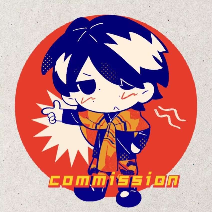 1boy, 2786867956wuyu, :<, animification, camouflage, camouflage_pants, closed_mouth, commentary, commission, finger_gun, full_body, hanaya_taiga, hand_on_own_hip, hand_up, jewelry, kamen_rider, kamen_rider_ex-aid_(series), long_sleeves, male_focus, necklace, outstretched_arm, pants, short_hair, solo, standing