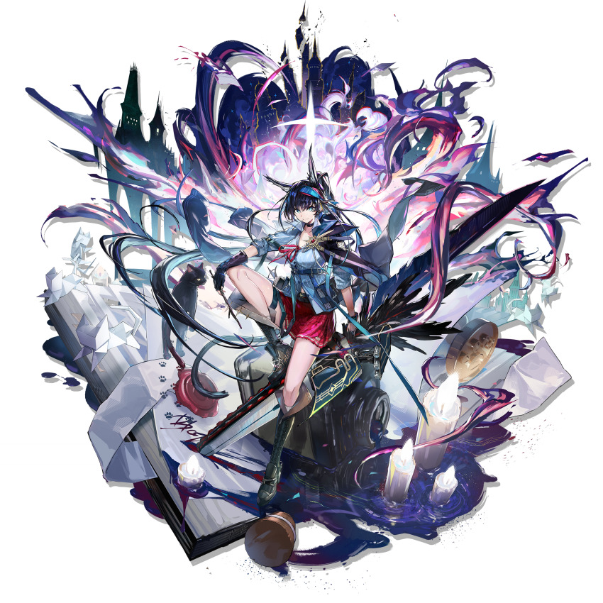 1girl, animal_ears, aqua_shirt, arknights, black_boots, black_gloves, black_hair, blaze_(arknights)