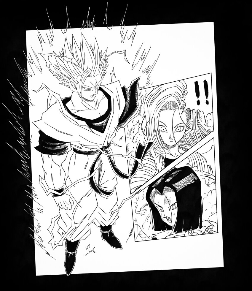 !, 1boy, 2girls, absurdres, action_pose, alternate_universe, android_17, android_18