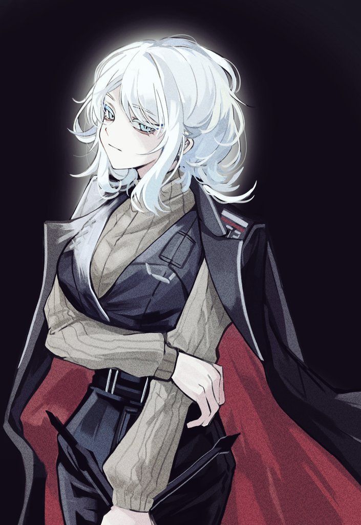 1girl, aka_dang, bad_id, bad_twitter_id, black_background, black_coat, black_vest, blue_eyes