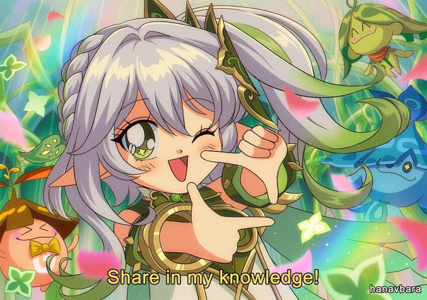 +_+, 1990s_(style), 1girl, 3others, arakavi_(genshin_impact), arama_(genshin_impact), aranara_(genshin_impact), ararycan_(genshin_impact)