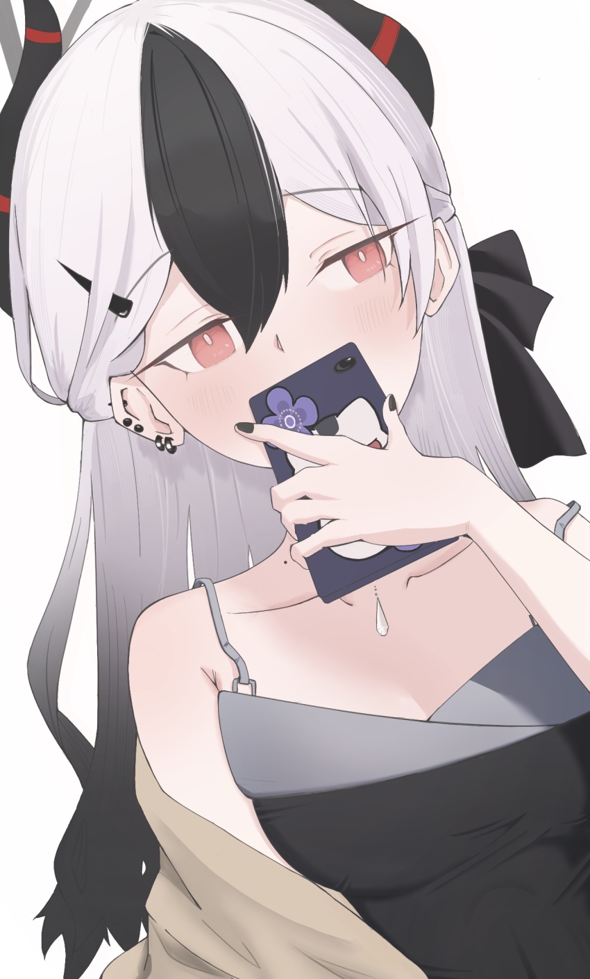 1girl, bare_shoulders, black_dress, black_hair, black_ribbon, blue_archive, blush, bright_pupils