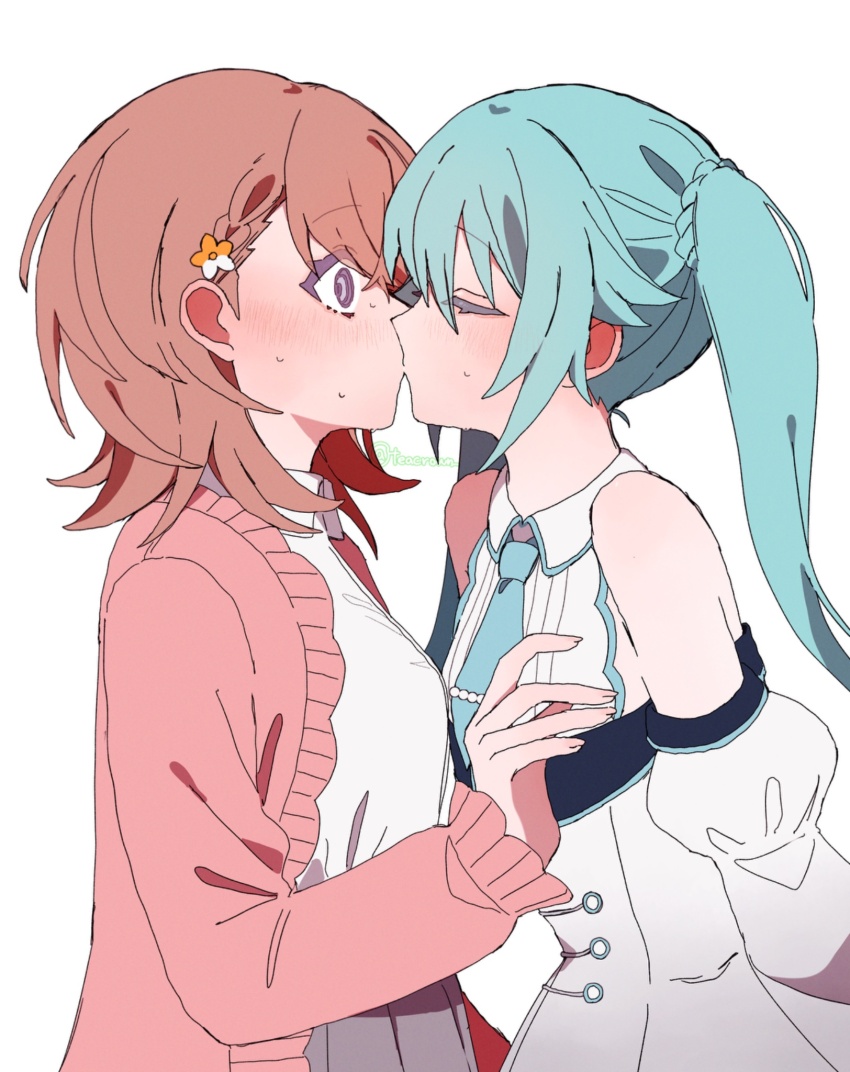 2girls, aqua_hair, aqua_necktie, aqua_trim, bare_shoulders, blush, brown_hair, cardigan