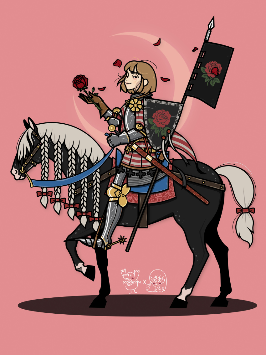 1girl, absurdres, armor, black_horse, bow, braided_mane, brown_gloves, brown_hair, commentary, crescent_moon, english_commentary, falling_petals, flag, floral_print, flower, gloves, highres, holding, holding_flower, horse_tail, horseback_riding, knight, looking_at_viewer, looking_to_the_side, mane_bow, mcpls3mcpls, medium_hair, moon, original, petals, pink_background, polearm, red_bow, red_flower, red_rose, riding, rose, rose_print, saddle, shadow, shield, simple_background, smile, smug, solo, spear, spurs, stirrups_(riding), tail, tail_bow, tail_ornament, weapon, white_mane