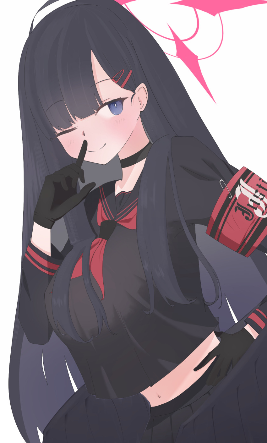 1girl, armband, black_choker, black_gloves, black_hair, black_sailor_collar, black_serafuku, black_wings