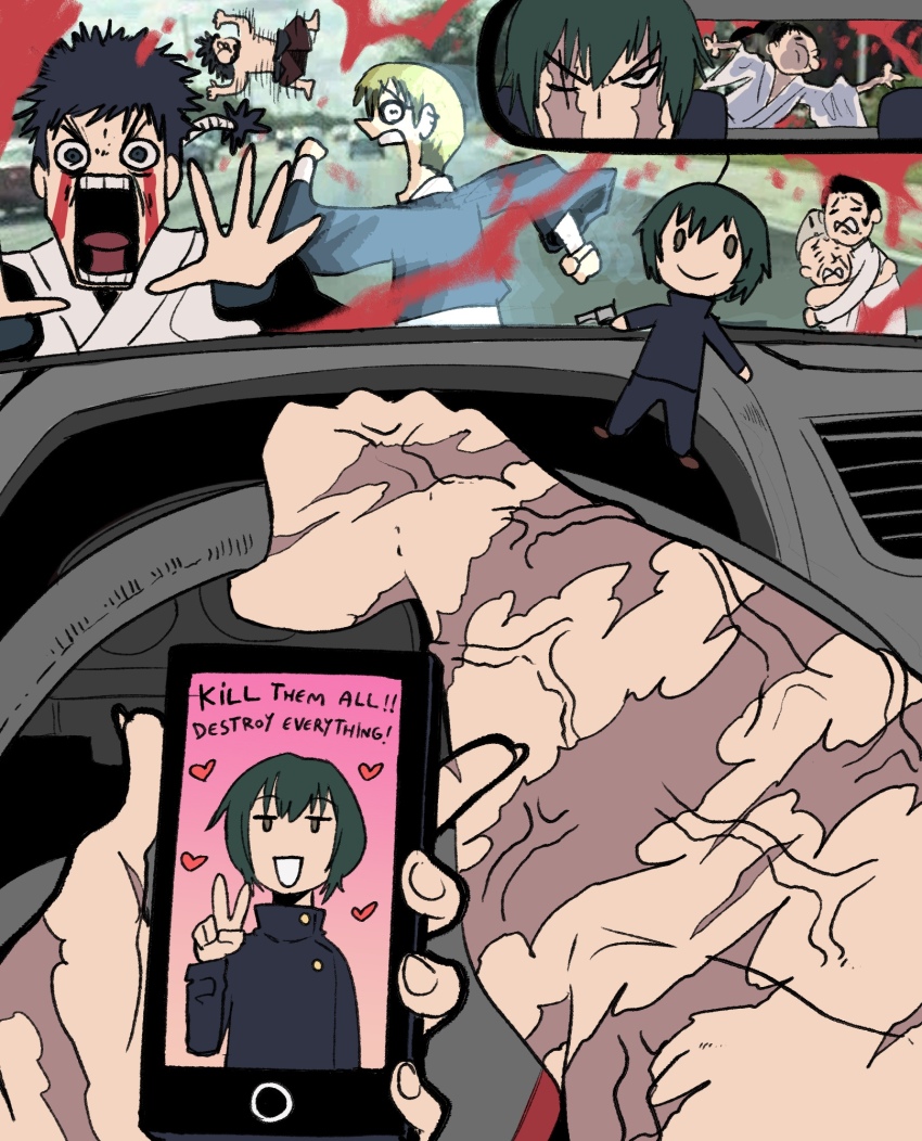 2girls, 6+boys, blood, car_interior, cellphone, chad_driver_(meme), character_charm, charm_(object), commentary, driving, english_commentary, female_pov, heart, highres, imminent_collision, jujutsu_kaisen, meme, multiple_boys, multiple_girls, muscular, muscular_female, phone, pov, rear-view_mirror, right-hand_drive, running, scar, scar_on_arm, scar_on_face, scared, smartphone, steering_wheel, v, vehicle_interior, veins, veiny_arms, wanderjegson, zen'in_chojuro, zen'in_jinichi, zen'in_mai, zen'in_maki, zen'in_maki_(post_shibuya), zen'in_naoya, zen'in_nobuaki, zen'in_ogi, zen'in_ranta