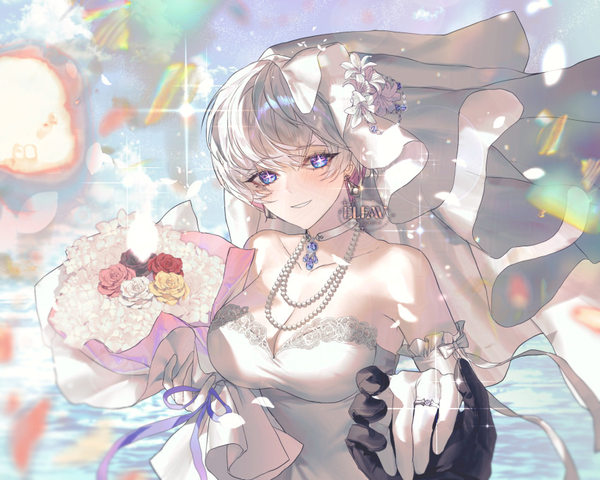 1boy, 1girl, alternate_costume, black_gloves, bouquet, bridal_veil, bride, collarbone