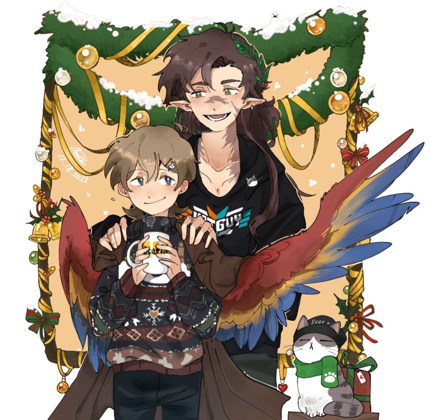 2boys, alternate_costume, animal, animification, anmitsu_(anmitsu40919780), bird_boy, bird_wings, blue_eyes