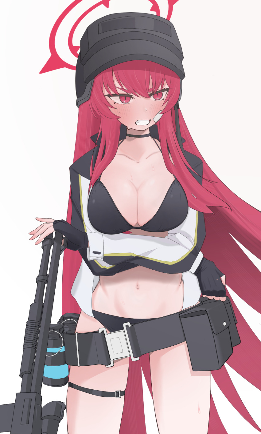 1girl, altyn_helmet, bandage_on_cheek, belt_pouch, bikini, black_bikini, black_helmet, blue_archive, blush, breasts, check_weapon, combat_helmet, commentary, cowboy_shot, fingerless_gloves, gloves, gun, hair_between_eyes, halo, helmet, highres, holding_gun_barrel, jacket, large_breasts, lipton8811, long_hair, looking_to_the_side, mossberg_590, navel, official_alternate_costume, open_clothes, open_jacket, open_mouth, pouch, pump_action, rabu_(blue_archive), rabu_(swimsuit)_(blue_archive), red_eyes, red_hair, red_halo, shotgun, sidelocks, smoke_grenade, solo, swimsuit, teeth, thigh_strap, very_long_hair, weapon, weapon_request