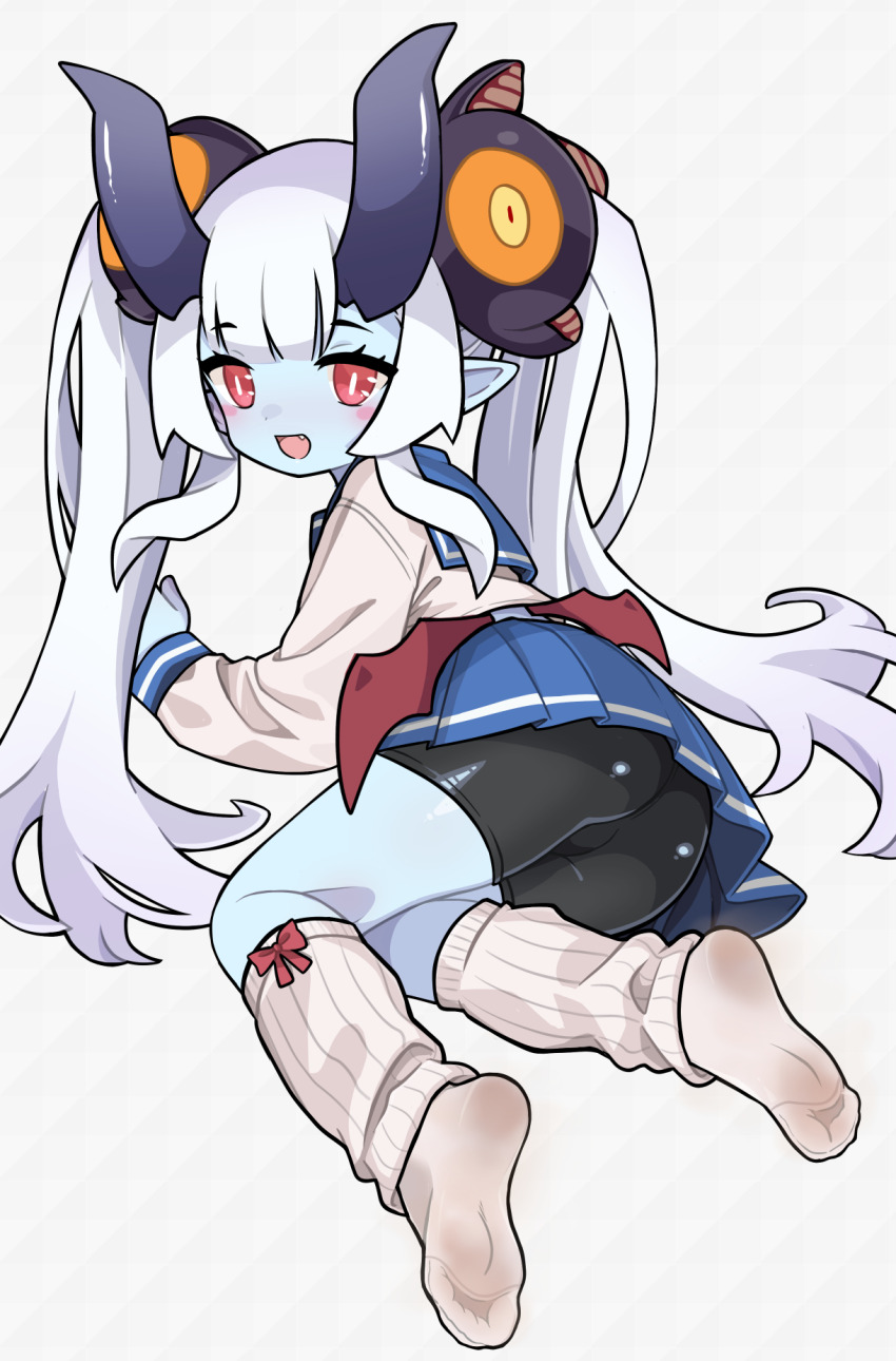 1girl, arum_(world_flipper), ass, blue_skin, blue_skirt, colored_skin, commentary_request, fang