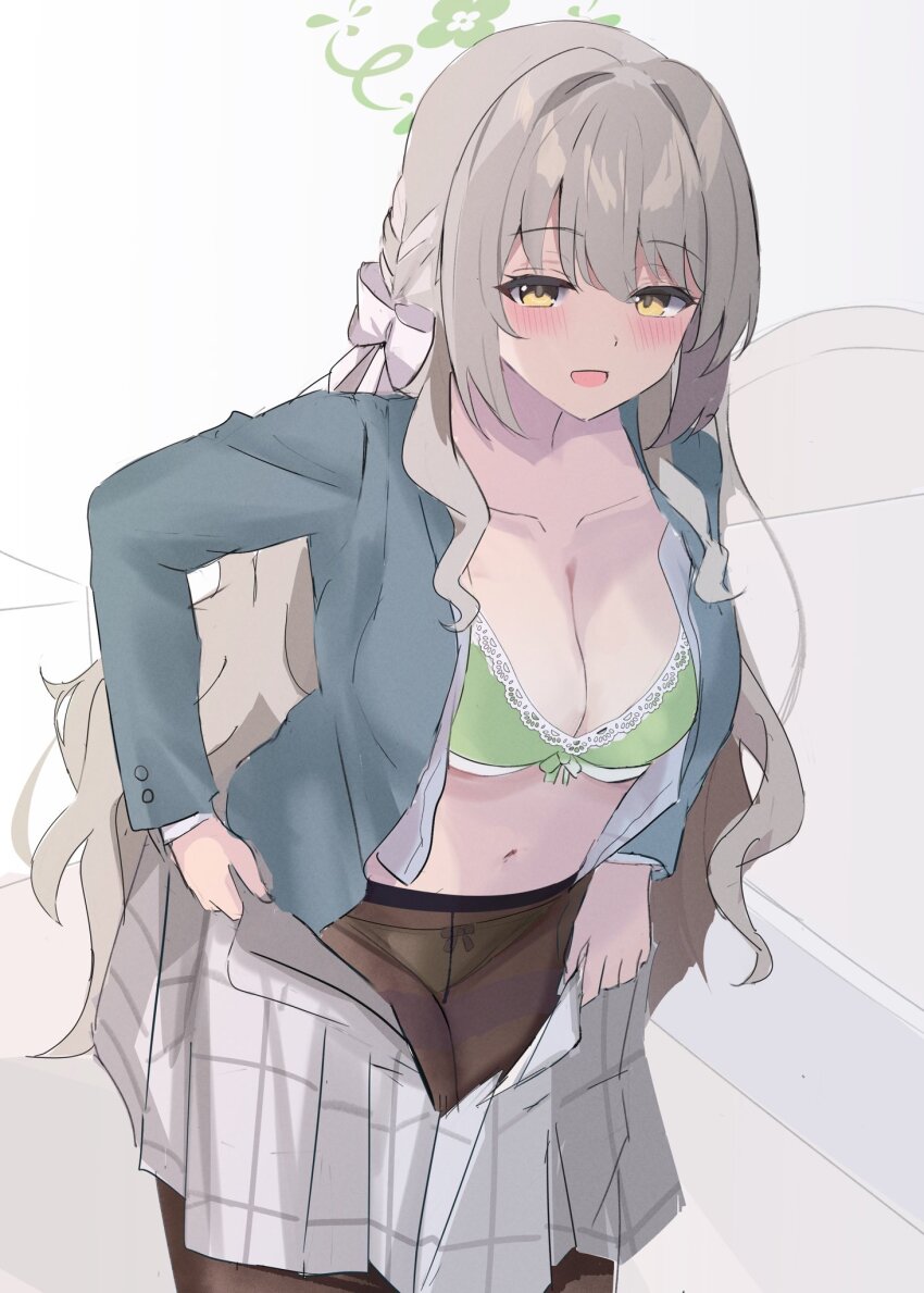 1girl, aramocyaillust, black_pantyhose, blue_archive, blush, bow, bow_bra, bow_panties