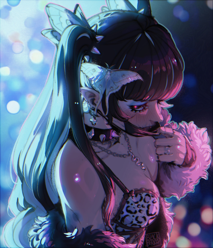 1girl, black_hair, blackberreh-art, blue_eyeshadow, blush, bralette, breasts, bug