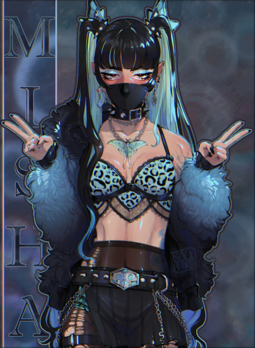 1girl, black_hair, blackberreh-art, blue_eyeshadow, blush, bralette, breasts, bug