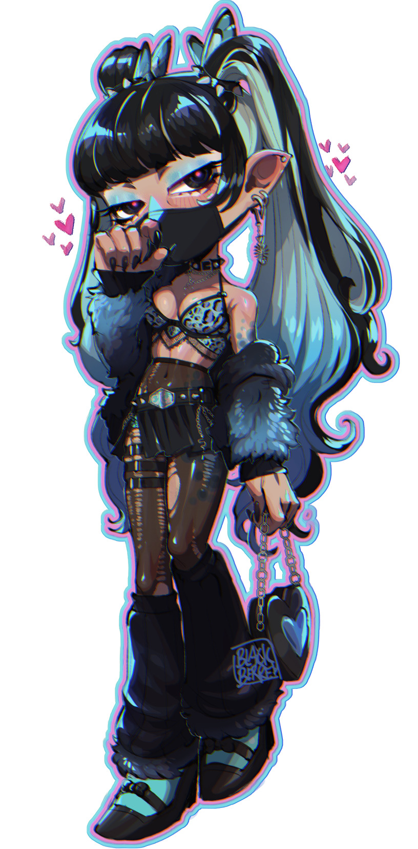 1girl, black_hair, blackberreh-art, blue_eyeshadow, blue_hair, blush, body_markings, bralette