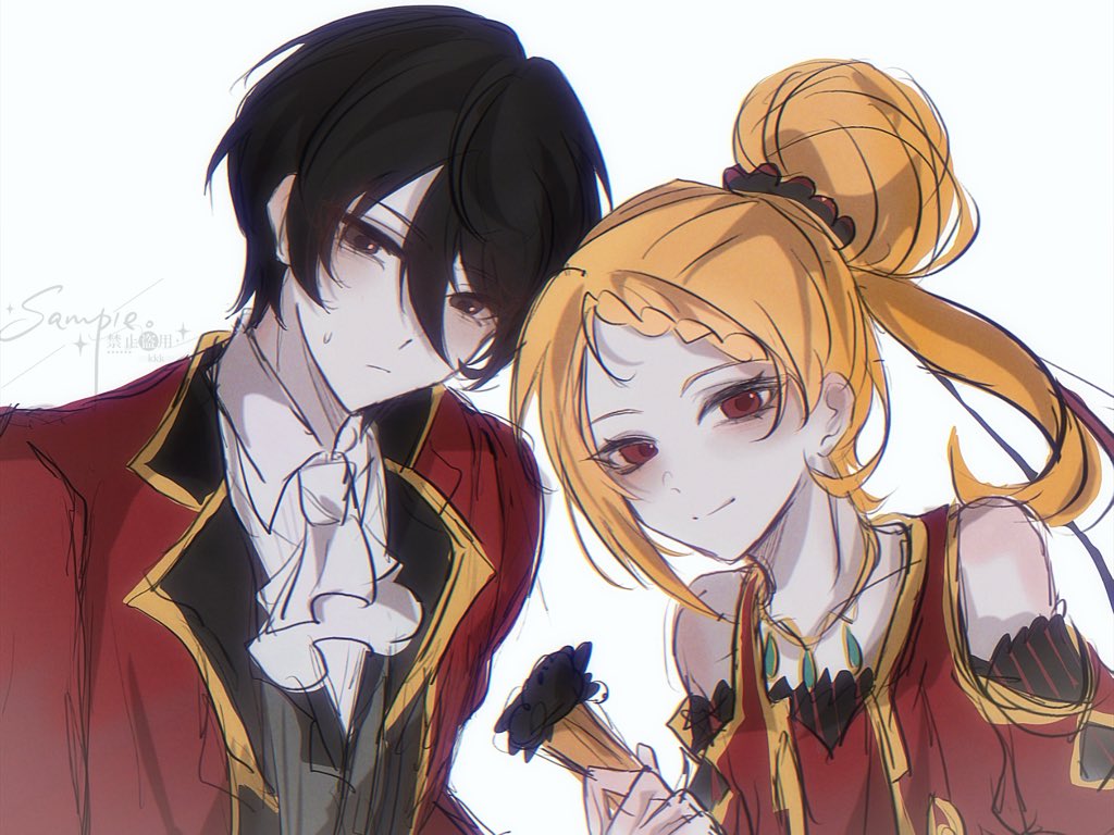 1boy, 1girl, ascot, azhe_kanata, bare_shoulders, black_eyes, black_hair, blonde_hair