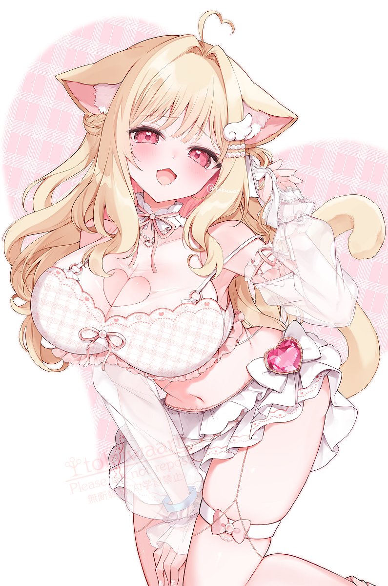 1girl, ahoge, animal_ear_fluff, animal_ears, blonde_hair, blush, bow, bra