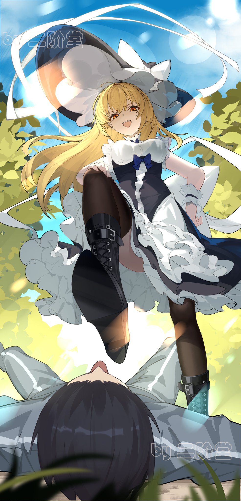 1boy, 1girl, back_bow, black_boots, blonde_hair, blue_sky, boots, bow