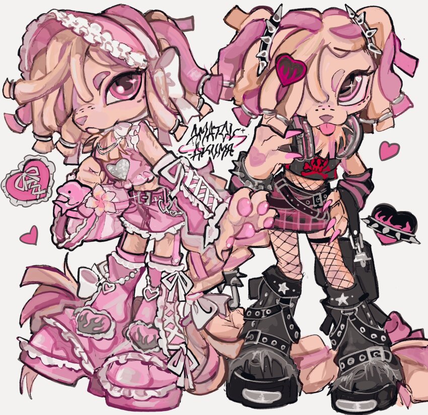 1girl, :3, amatou_akuma, animal_hands, animal_nose, arm_warmers, bag, bag_charm, belt, belted_leg_warmers, black_bag, black_belt, black_boots, black_leg_warmers, black_shirt, blonde_hair, bonnet, boots, bow, charm_(object), claws, crop_top, dog_girl, dog_tail, dreadlocks, fashion, freckles, full_body, furry, furry_female, gothic_punk, gyaru, hair_ornament, hair_over_one_eye, hand_on_headphones, hand_on_own_hip, handbag, headphones, headphones_around_neck, heart, heart_hair_ornament, highres, hime_gyaru, komondor, leg_warmer_chain, leg_warmers, littlest_pet_shop, long_hair, looking_at_viewer, midriff_peek, multicolored_hair, multiple_belts, multiple_views, original, pink_arm_warmers, pink_bag, pink_bonnet, pink_eyes, pink_hair, pink_leg_warmers, pink_nails, pink_shirt, pink_shoes, pink_shorts, pink_skirt, plaid_clothes, plaid_skirt, plumeria, punk, shirt, shoes, shorts, simple_background, skirt, skull_print, standing, streaked_hair, striped_arm_warmers, tail, tongue, tongue_out, white_background, white_bow