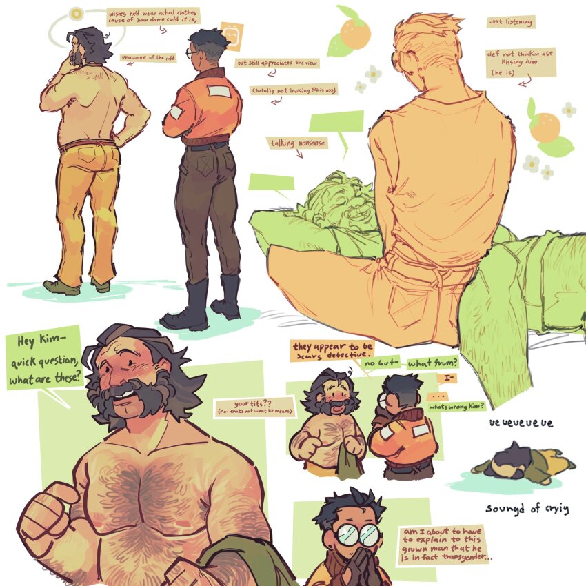 2boys, belt, black_hair, blazer, bomber_jacket, chest_hair, commentary, disco_elysium