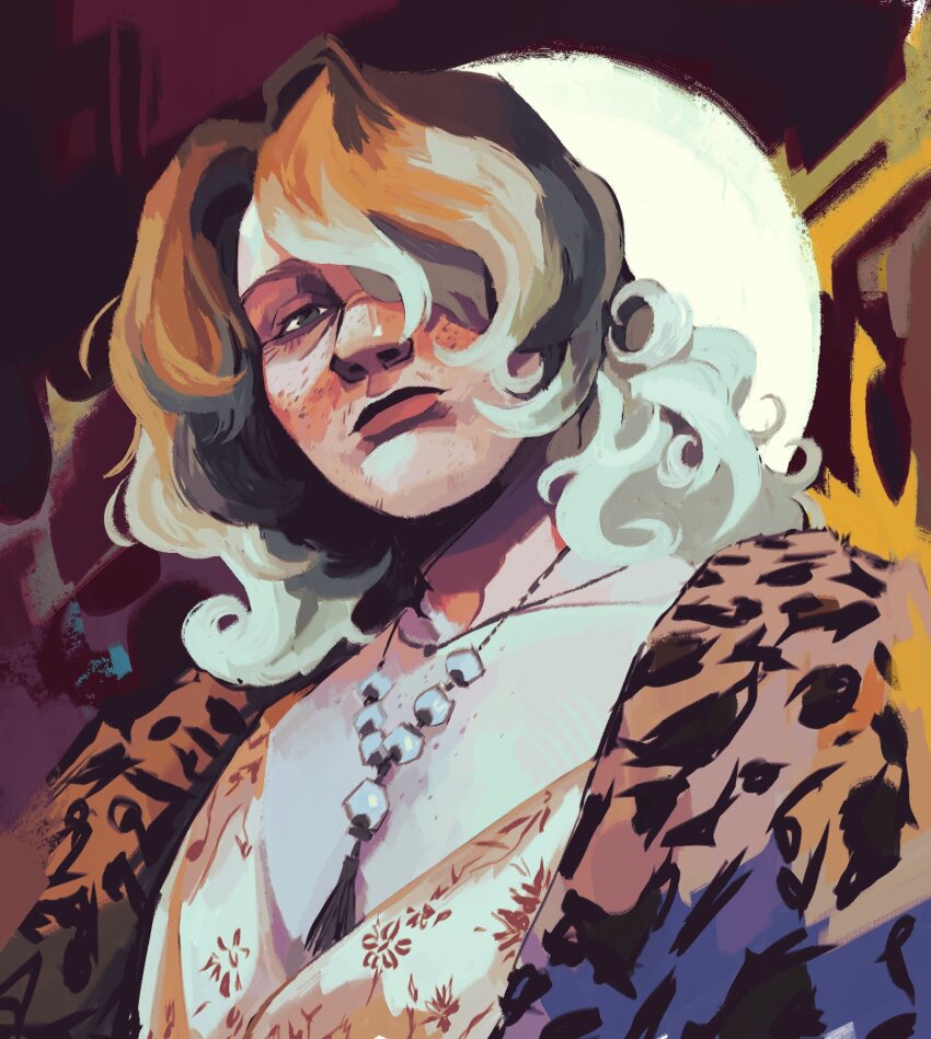 1girl, aegyo_sal, animal_print, artist_self-insert, black_eyes, breasts, cleavage, colored_tips