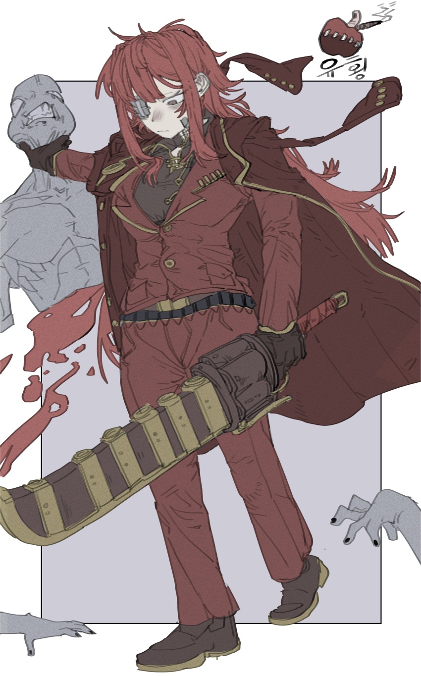 1girl, 2others, absurdres, bisected, brown_gloves, brown_shoes, coat, coat_on_shoulders, commentary_request, cosplay, detap, gauze, gauze_over_eye, gloves, gold_trim, grey_eyes, gunblade, highres, holding, holding_sword, holding_weapon, jacket, korean_commentary, lapels, lei_heng_(project_moon), lei_heng_(project_moon)_(cosplay), limbus_company, multiple_others, notched_lapels, pants, project_moon, red_coat, red_jacket, red_pants, shoes, stitched_neck, stitches, sword, weapon, yuri_(project_moon)