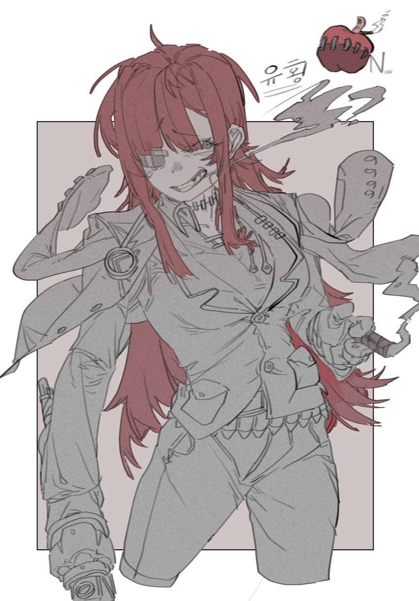 1girl, absurdres, ammunition_belt, breasts, cigar, clenched_teeth, commentary_request, cosplay