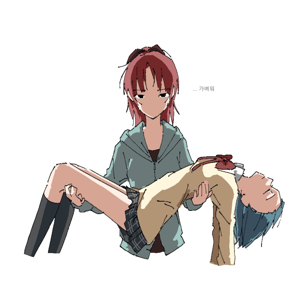 2girls, black_bow, black_eyes, black_shirt, black_thighhighs, blue_hair, bow, carrying, carrying_person, closed_mouth, commentary_request, corpse, dress, dress_bow, green_hoodie, hair_bow, hood, hoodie, korean_commentary, kyosaya_00, looking_at_viewer, mahou_shoujo_madoka_magica, miki_sayaka, mitakihara_school_uniform, multiple_girls, no_mouth, red_bow, red_hair, sakura_kyoko, school_uniform, shirt, short_hair, thighhighs, yellow_dress