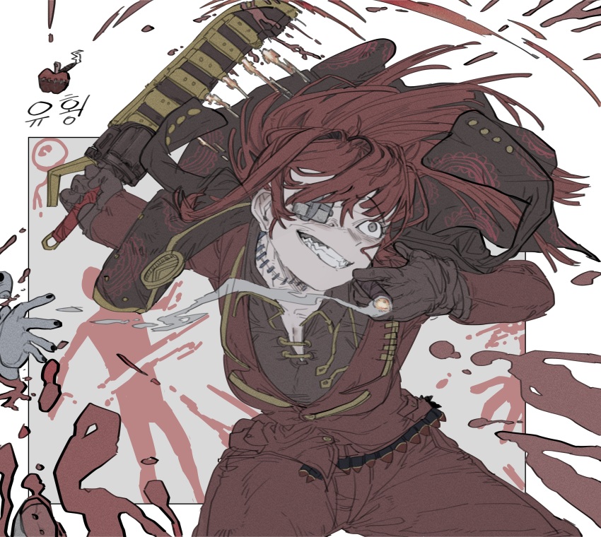 1girl, absurdres, ammunition_belt, battle, brown_gloves, brown_shirt, cigar, clenched_teeth