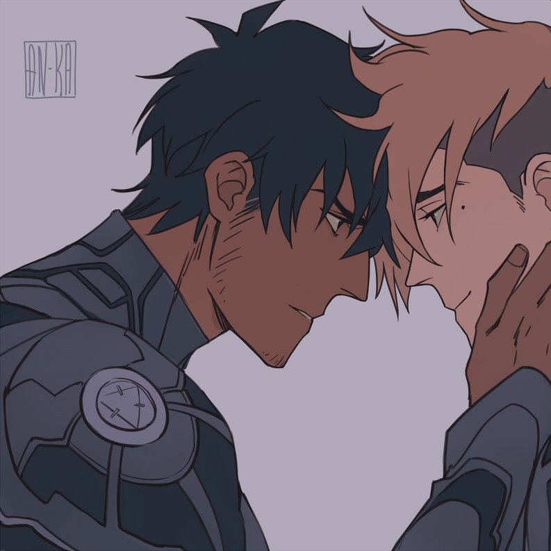2boys, black_hair, blonde_hair, brown_hair, closed_mouth, dark-skinned_male, dark_skin, eye_contact