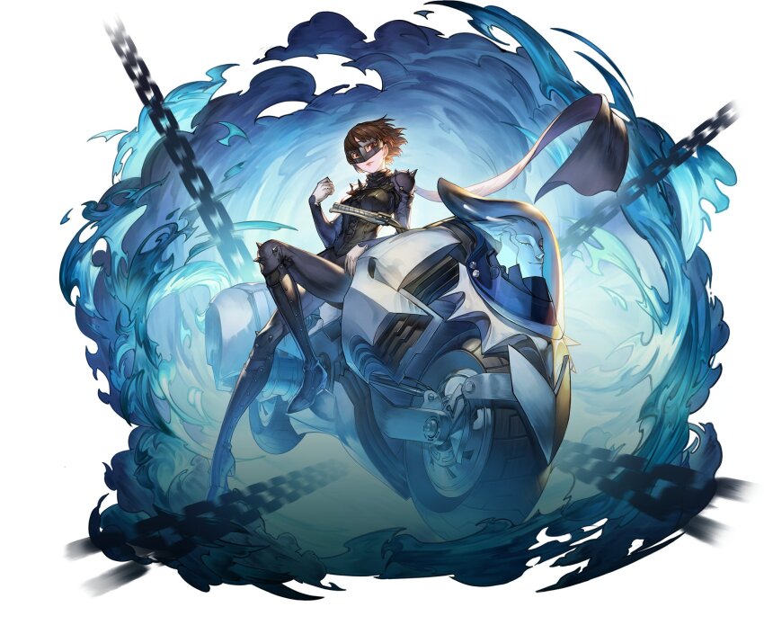 artist_request, bodysuit, boots, brown_hair, chain, commentary, full_body, gloves, hand_up, highres, joanna_(persona_5), knee_boots, knees_up, leaning_on_object, long_scarf, motor_vehicle, motorcycle, multicolored_bodysuit, niijima_makoto, persona, persona_5, persona_5_the_royal, queen_(persona_5), red_eyes, scarf, spiked_bodysuit, spikes, standing, standing_on_one_leg, untranslatable_commentary