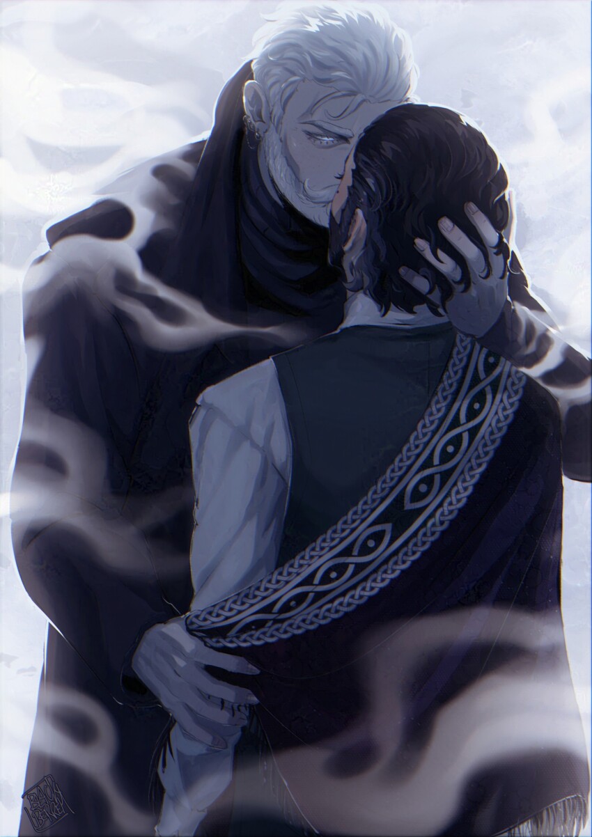 2boys, beard, blackberreh-art, coat, commentary, earrings, elias_bouchard, english_commentary