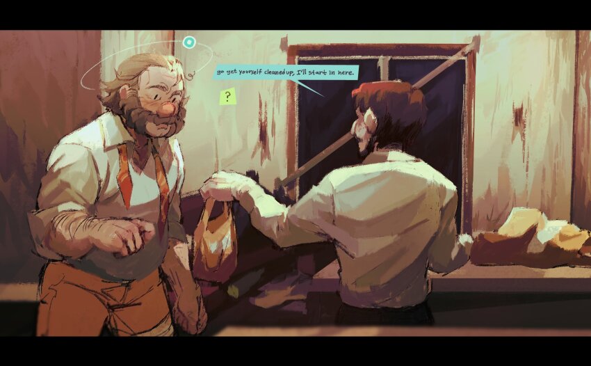 2boys, ?, bag, collared_shirt, commentary, cowboy_shot, disco_elysium, english_commentary