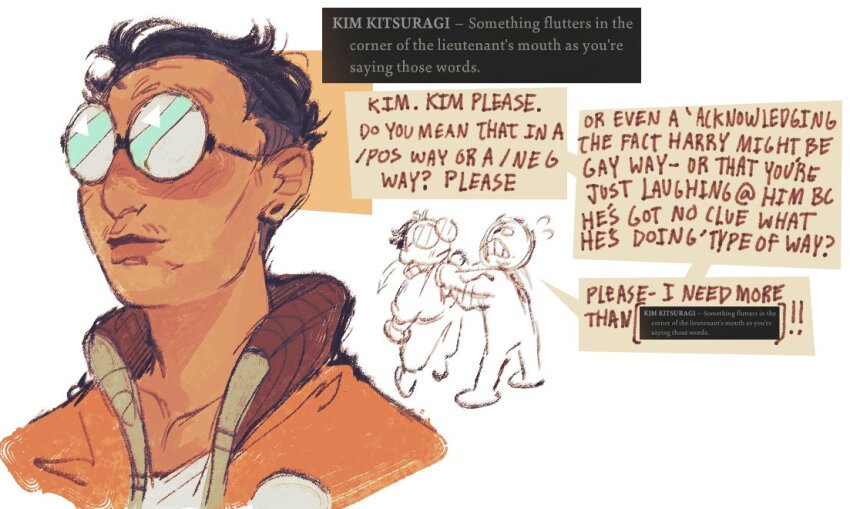 2boys, black_hair, chibi, chibi_only, clothes_grab, commentary, disco_elysium, english_commentary