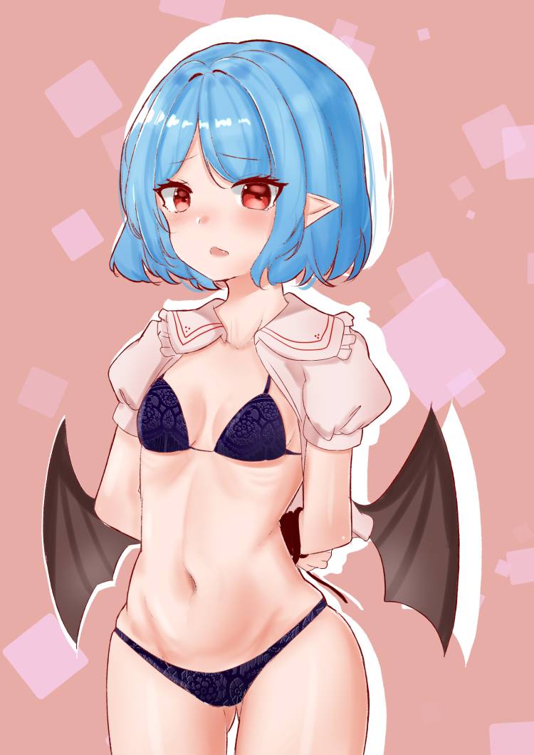 1girl, 2091966, alternate_costume, bat_wings, blue_bra, blue_hair, blue_panties, blush