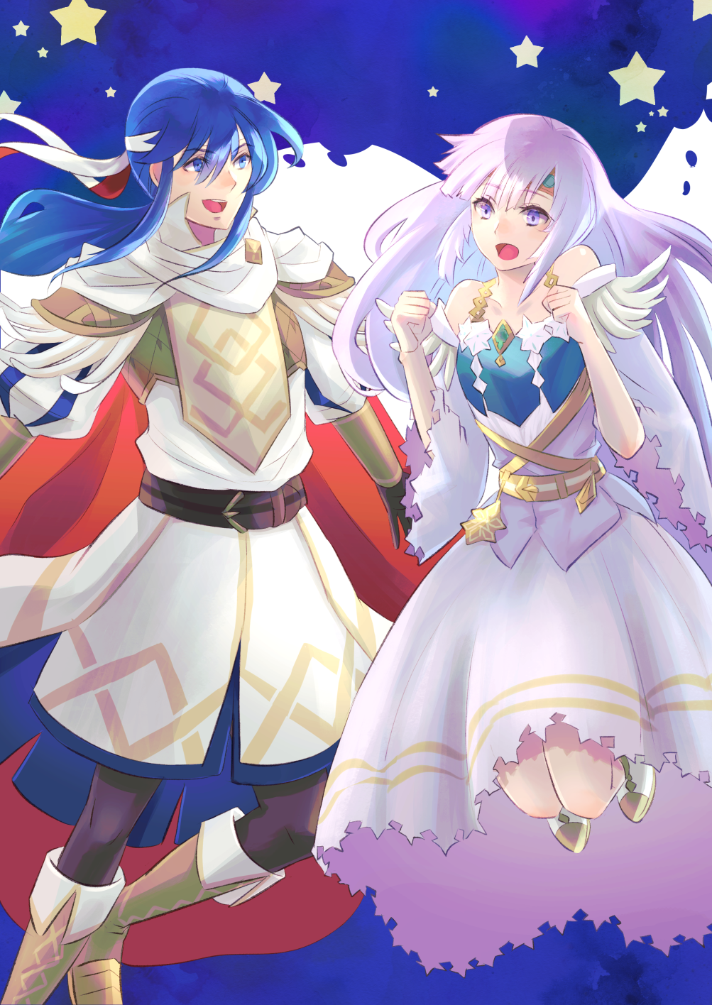 1boy, 1girl, armor, arms_up, blue_eyes, blue_hair, brother_and_sister, circlet
