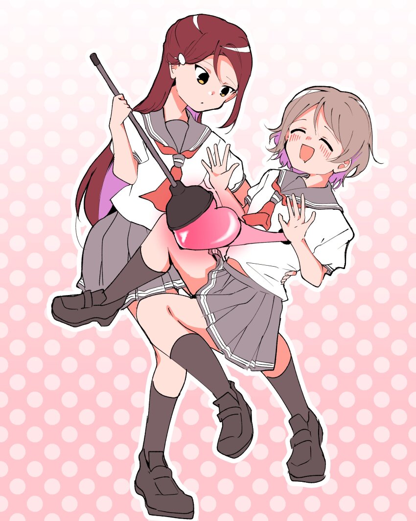 2girls, :d, ^_^, absurdres, black_shoes, black_socks, blush, closed_eyes