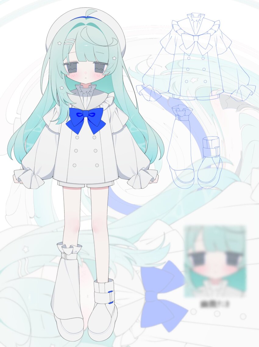 1girl, aqua_hair, blue_bow, blue_bowtie, boots, bow, bowtie, frilled_shirt_collar