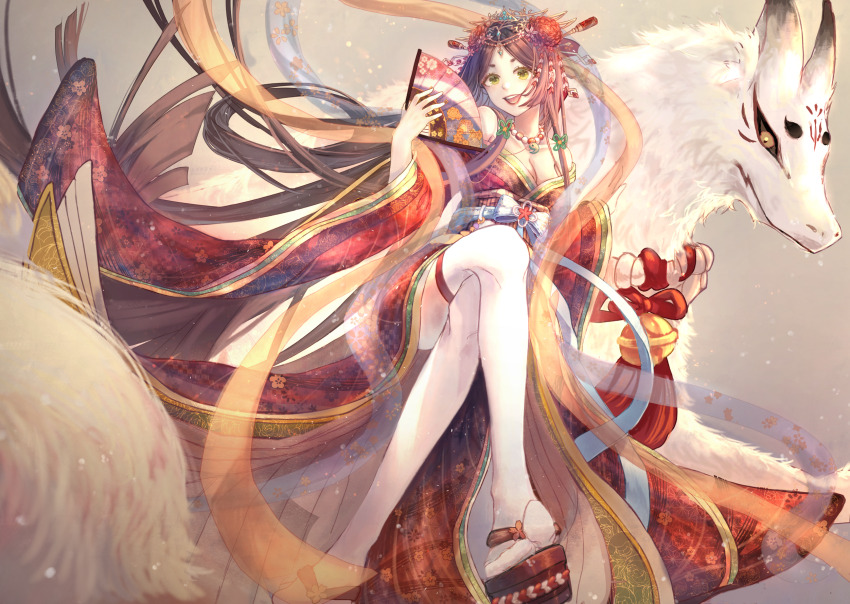 1girl, bare_shoulders, bead_necklace, beads, bell, blunt_ends, breasts, brocade_jade_(miracle_nikki), brown_hair, brown_sandals, circlet, cleavage, commentary, commentary_request, crossed_legs, flower, folding_fan, fox_mask, full_body, gold_tiara, grey_background, hagoromo, hair_flower, hair_ornament, hairpin, hand_fan, happy, highres, holding, holding_fan, japanese_clothes, jewelry, kimono, knees, light_particles, long_hair, long_sleeves, low_neckline, magatama, magatama_necklace, mask, miracle_nikki, multiple_hairpins, neck_bell, neck_tassel, necklace, nikki_(series), okobo, platform_sandals, prayer_beads, red_flower, red_kimono, rope, sandals, shawl, shimenawa, sitting, solo, straight_hair, tabi, tassel, thighhighs, traditional_youkai, very_long_hair, white_thighhighs, wide_sleeves, yuma_(yuma880905)