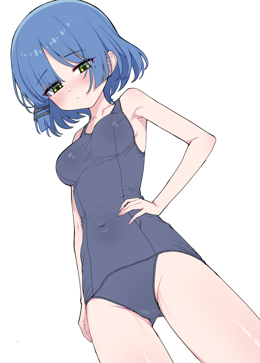 1girl, absurdres, alternate_costume, blue_hair, blush, bocchi_the_rock!, breasts, commentary