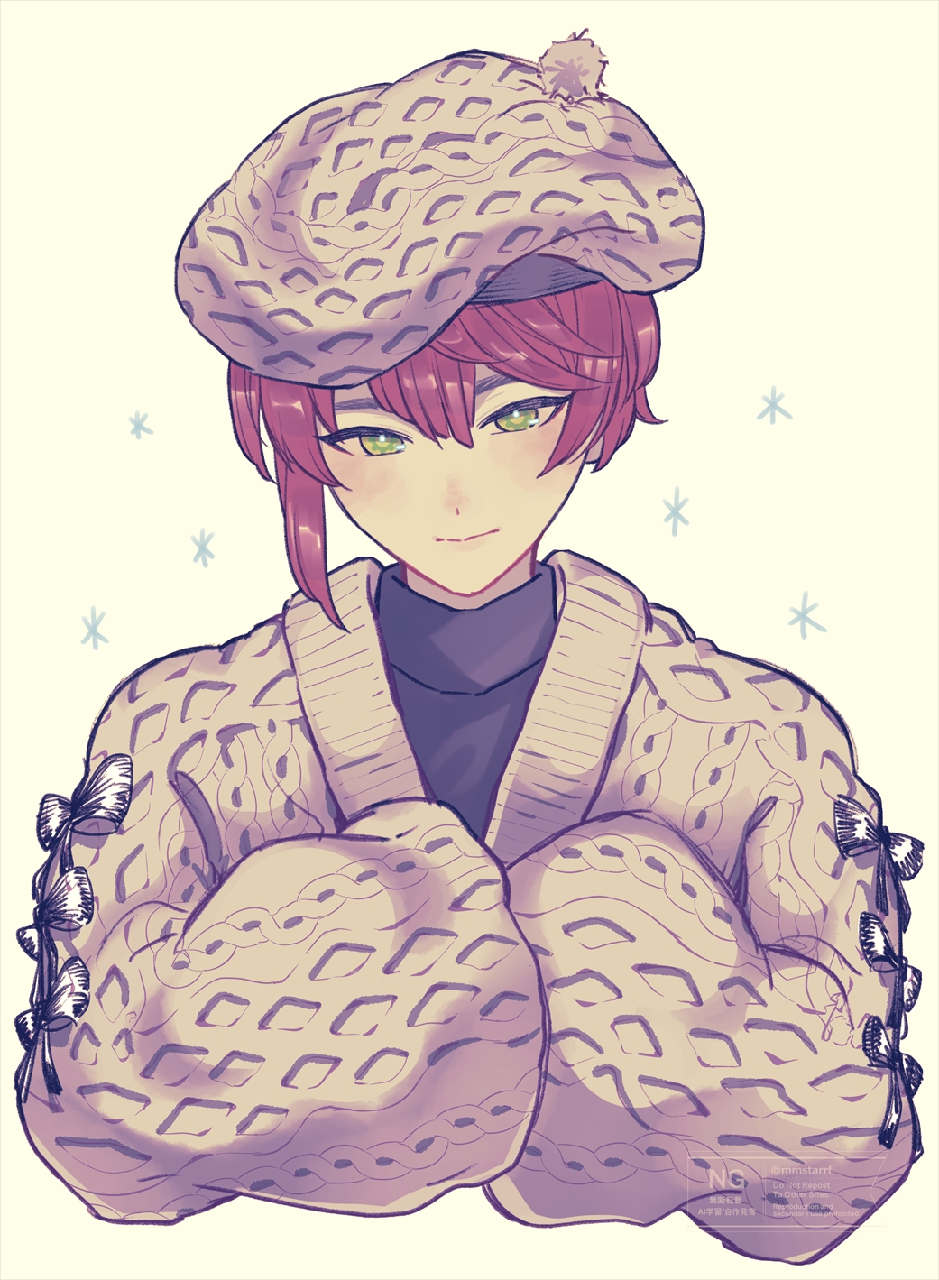 1boy, alternate_costume, beret, closed_mouth, commentary_request, cuilang_(rune_factory), green_eyes, hair_between_eyes, hat, highres, looking_at_viewer, male_focus, mmstarrf, red_hair, rune_factory, rune_factory:_guardians_of_azuma, sweater