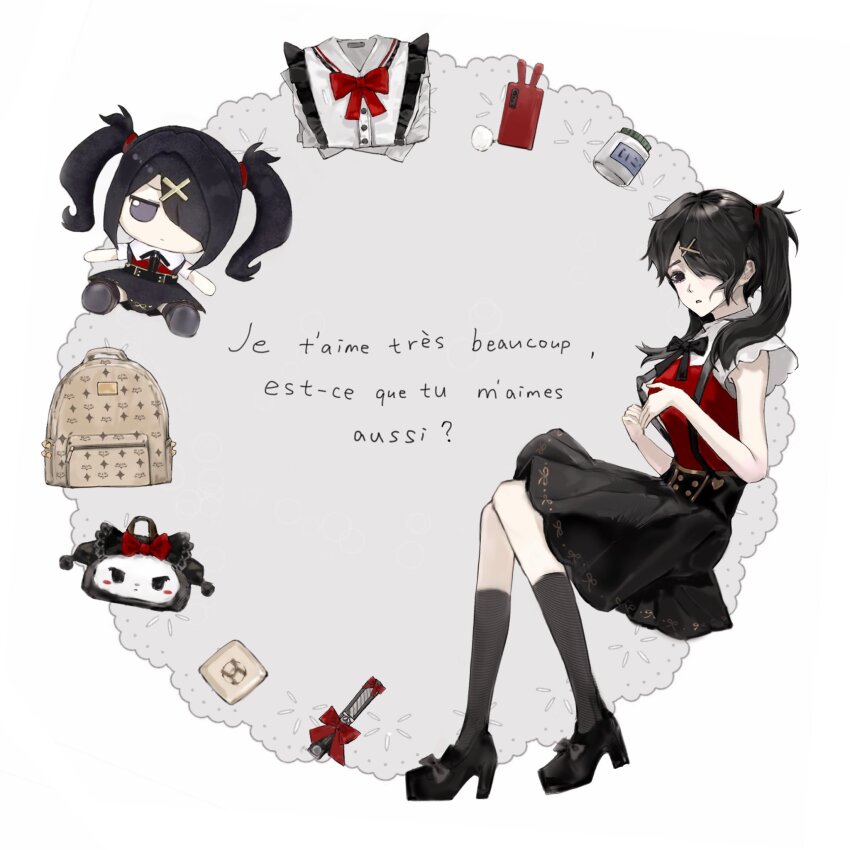 1girl, ame-chan_(needy_girl_overdose), backpack, bag, black_hair, character_doll, check_translation, diagonal_bangs