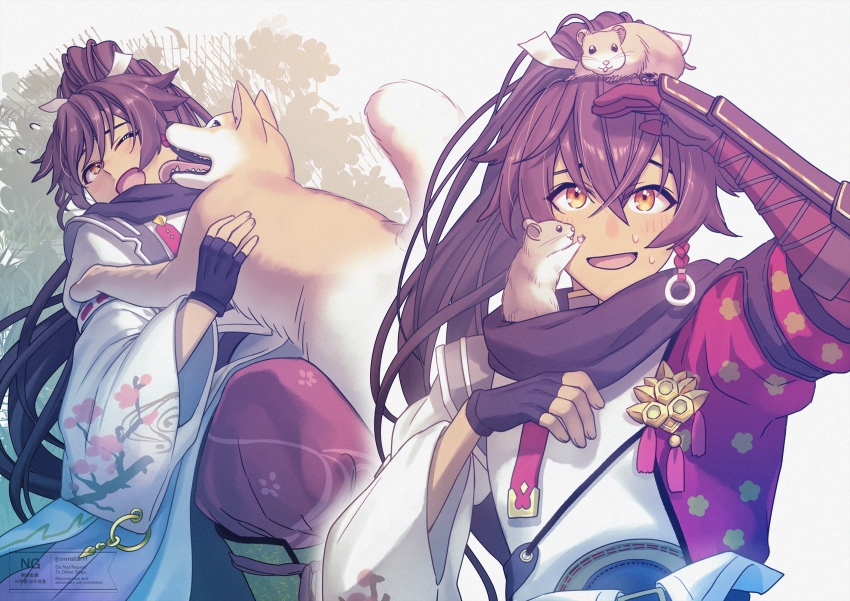 1boy, brown_hair, commentary_request, dog, grey_kimono, hair_between_eyes, hamster, highres