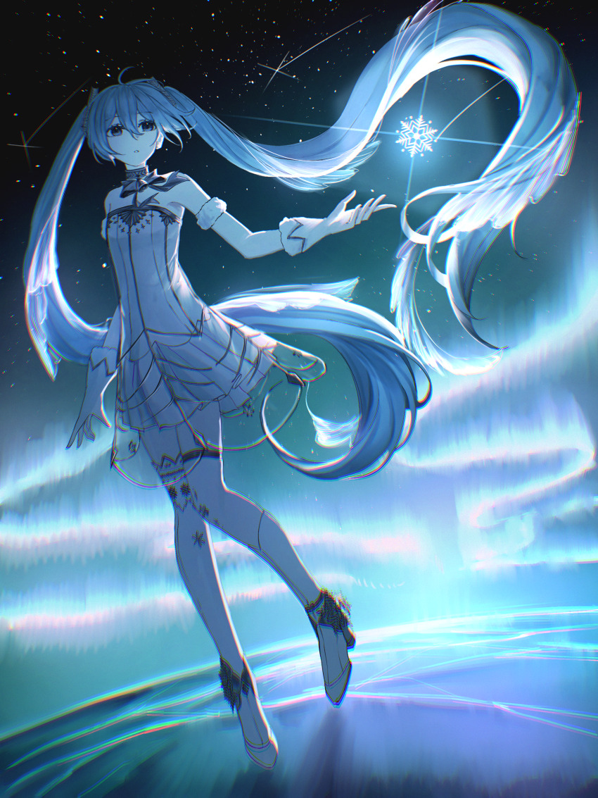 1girl, absurdres, ahoge, aurora, ballerina, ballet, ballet_slippers, baqoryyy, bare_shoulders, blue_eyes, blue_hair, collarbone, commentary_request, dress, full_body, gloves, gramophone_miku, gramophone_miku_(frostflower), hatsune_miku, headset, highres, ko8_kohachi, long_hair, miku_symphony_(vocaloid), official_alternate_costume, official_alternate_hairstyle, parted_lips, smile, solo, strapless, strapless_dress, tutu, twintails, vocaloid, white_dress, white_gloves