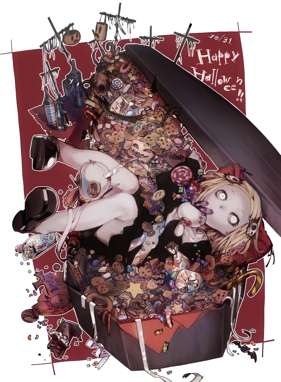 1girl, bat_(animal), blonde_hair, bottle, candy, candy_cane, checkerboard_cookie, chocolate