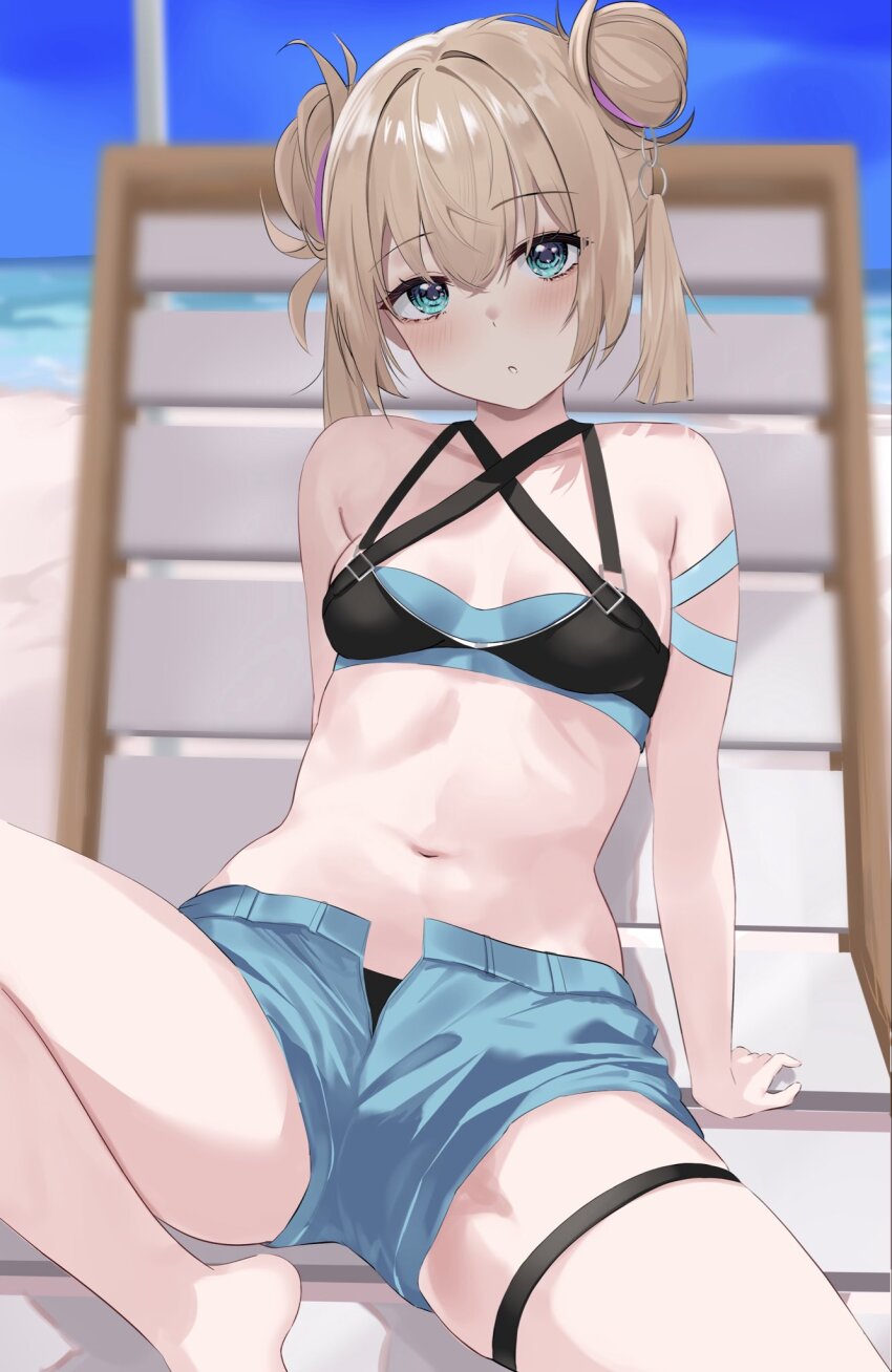 1girl, aqua_eyes, beach, blonde_hair, blue_ribbon, blue_shorts, blush, breasts