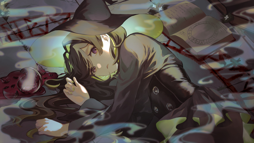 1girl, absurdres, book, character_request, colored_inner_hair, commentary_request, dress, hat