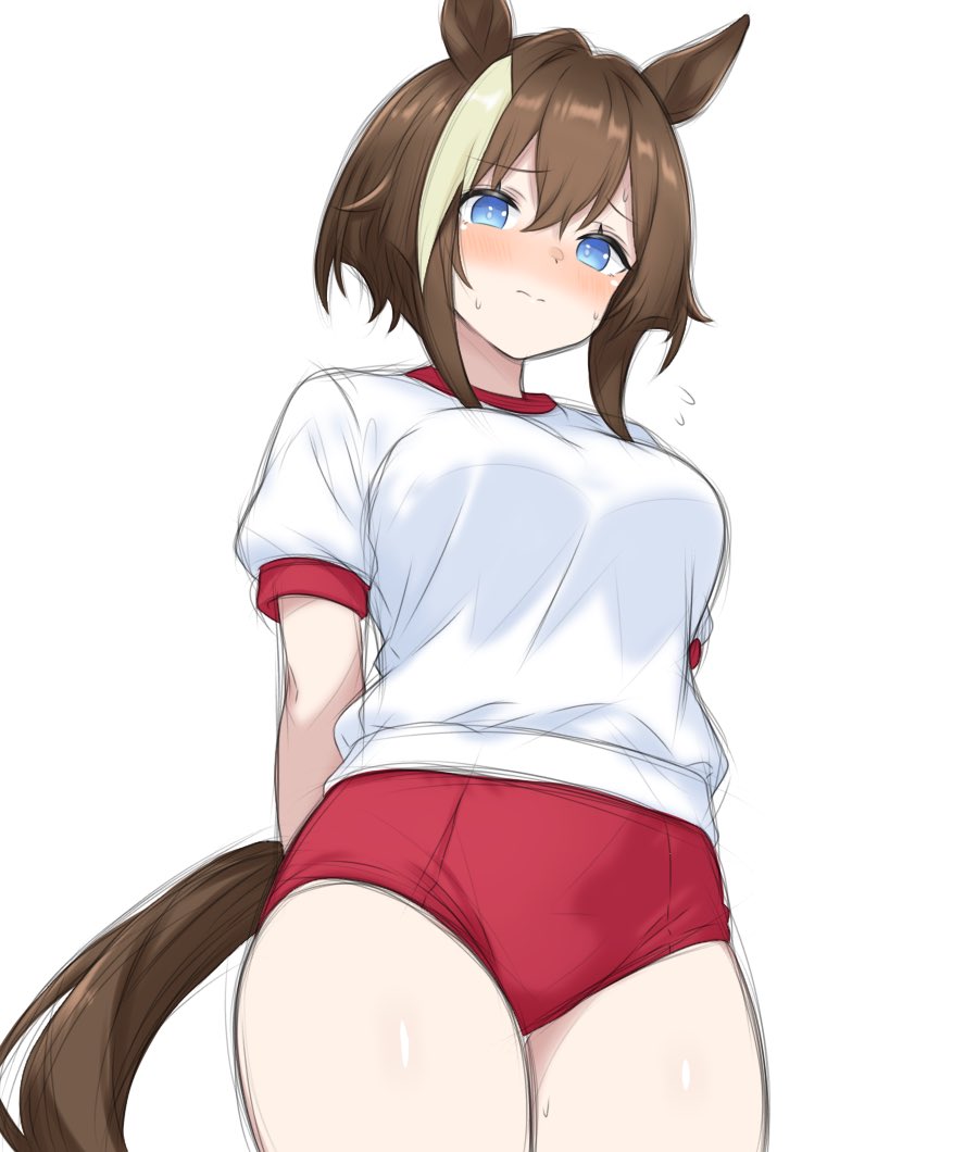 1girl, animal_ears, arms_behind_back, blue_eyes, blush, brown_hair, brown_tail, buruma