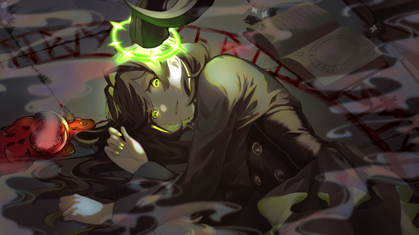 1girl, absurdres, book, colored_inner_hair, commentary_request, dress, green_eyes, highres