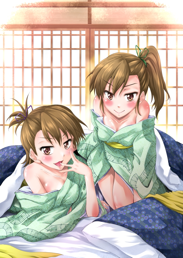 2girls, beamed_quavers, brown_eyes, brown_hair, futami_ami, futami_mami, idolmaster, idolmaster_(classic), japanese_clothes, kimono, kuno_touya, multiple_girls, musical_note, musical_note_print, naughty_face, off_shoulder, print_kimono, short_hair, siblings, side_ponytail, sisters, twins, you_gonna_get_raped, yukata