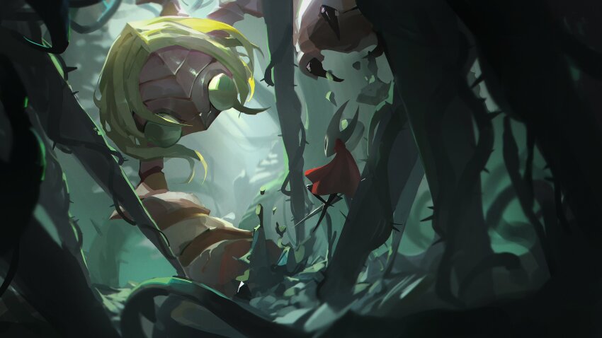 absurdres, arthropod_girl, black_skin, cloak, colored_skin, commentary, english_commentary, flying, from_behind, giant, grass, hdhenry, highres, holding, holding_weapon, hollow_eyes, hollow_knight, hollow_knight:_silksong, horned_mask, hornet_(hollow_knight), looking_at_another, mask, medium_hair, nature, needle_(hollow_knight), plant, red_cloak, sister_splinter_(hollow_knight), vines, weapon, white_mask